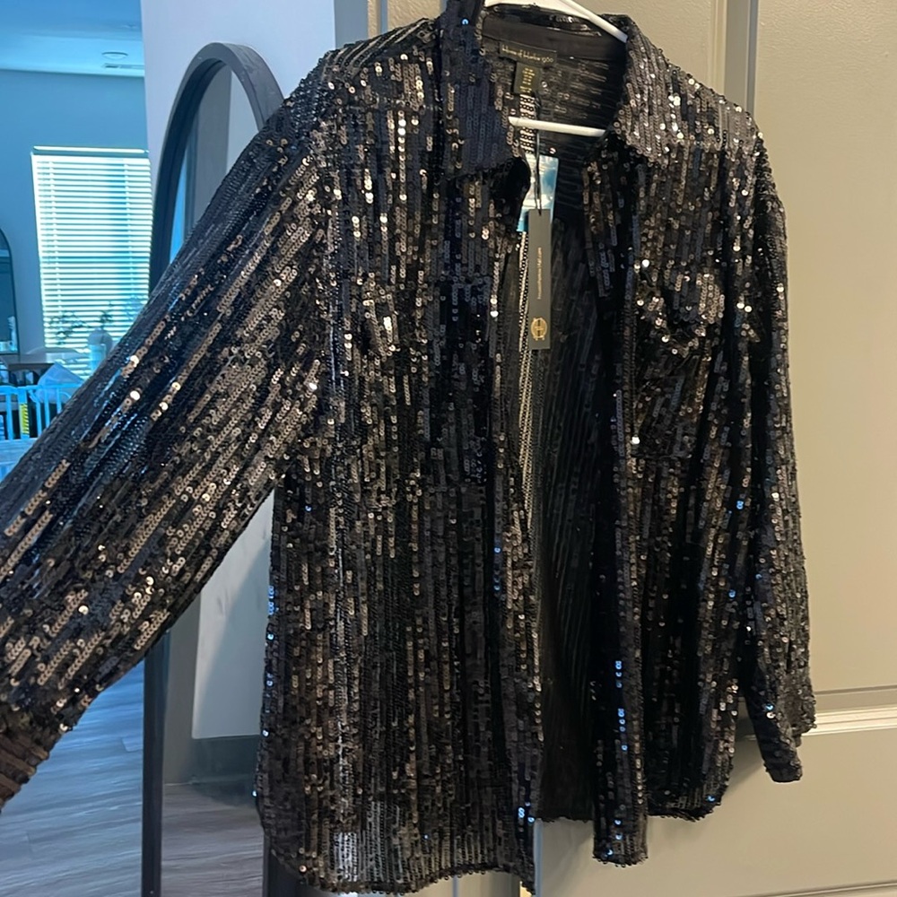 Black sequin button down